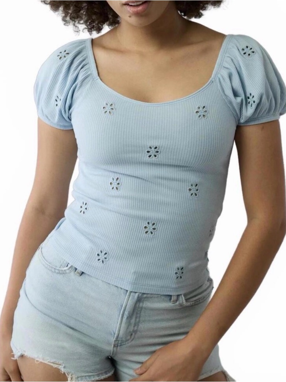 American Eagle Outfitters | Light Blue Floral Eyelet Scoop Neck Women's Top
